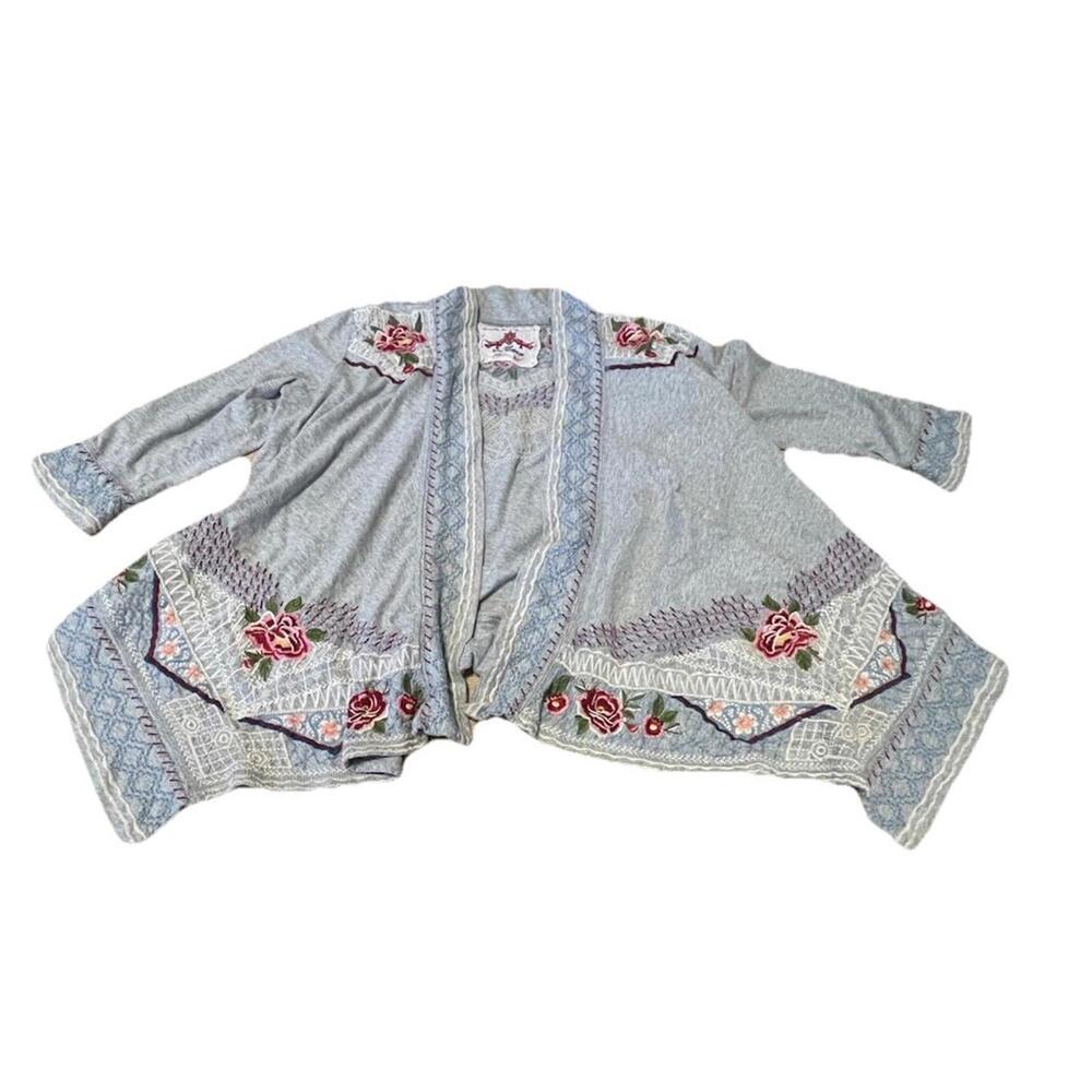 Johnny‎ Was Draped Open Front Floral Embroidered Cardigan 3/4 Sleeve M H88
